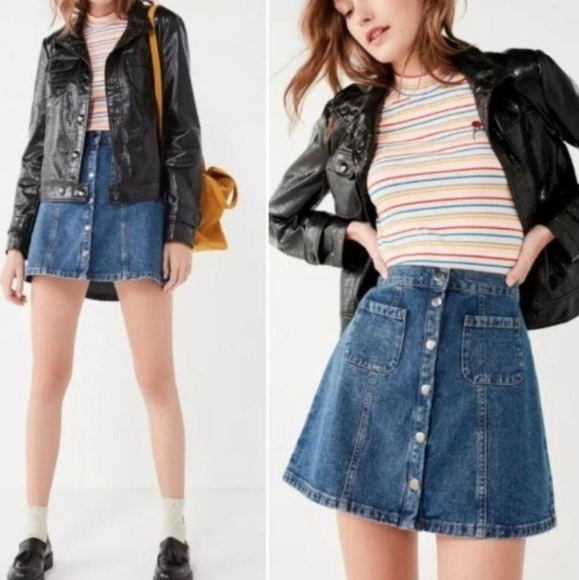 BDG Button A-Line Mini Skirt Denim Cotton Womens Small S Blue - Picture 1 of 6